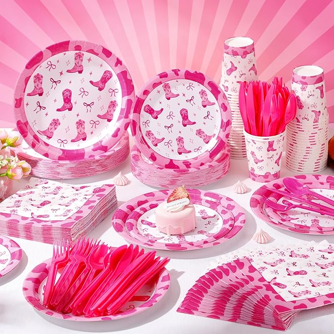 Pickmesh 400 Pcs Western Pink Cowgirl Party Plates and Napkin Decoration Disco Pink Coquette Bow Cowgirl Tableware Cups Knives for Western Wedding Birthday Bachelorette Party Supplies Serve 50