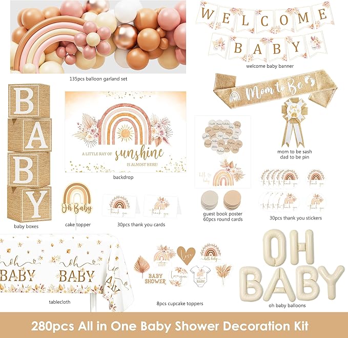 Boho Baby Shower Decorations, Boho Rainbow Baby Shower Party Supplies, A Little Ray of Sunshine is Almost Here, It’s a Girl Gender Reveal, Backdrop Balloon Arch Boxes Mom to Be Sash