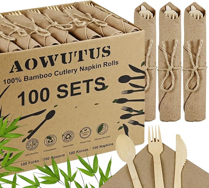 Pre Rolled Napkin and Bamboo Cutlery Set - 100Pack Bamboo Utensils/Compostable Cutlery with Brown Napkins, Biodegradable Wrapped Cutlery for Party, Wedding, Events