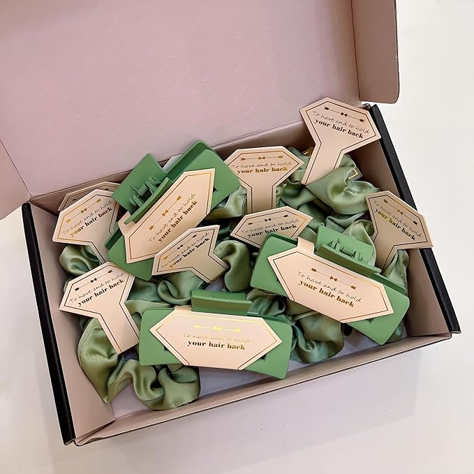 Bridesmaid Scrunchies Proposal Gifts square 4.1inch Bachelorette Hair Claws Clips lady heart sunglasses headband gift for Wedding Party Favors (White&Sage Green 48pcs)
