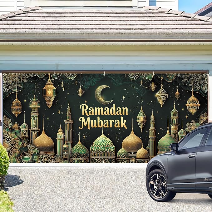 Ramadan Mubarak Garage Door Banner 7x16FT, Islamic Crescent Moon & Lanterns Design, Outdoor Decoration for Ramadan and Eid Celebrations