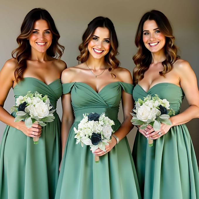 Wedding Bridesmaids Bouquets Set of 6-7 Inch Artificial Flowers Bouquets for Bridesmaids Pre-Made Faux Small Floral Bouquets Bridal Shower, Wedding, Ceremony, Anniversary - White & Teal Blue