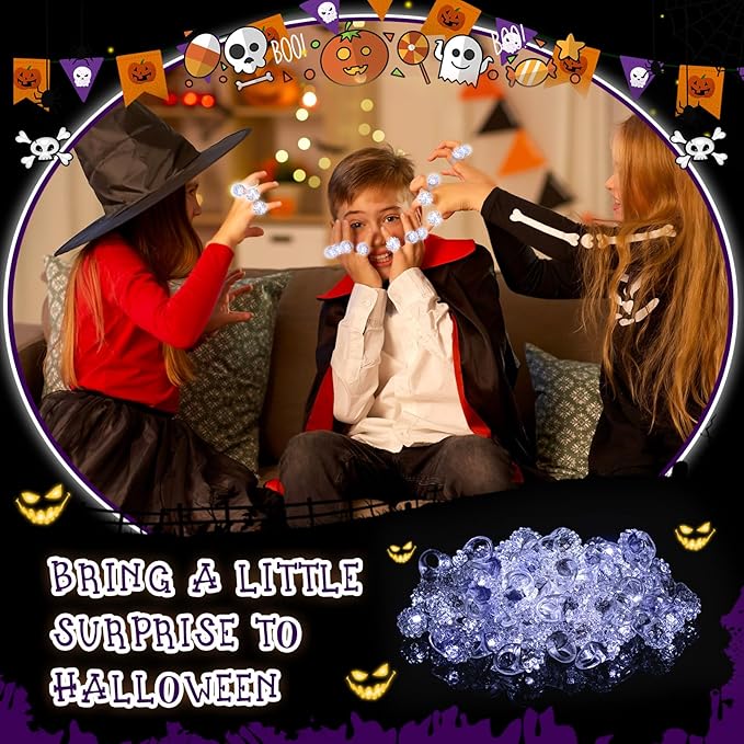 Leyndo 150 Pack LED Light up Rings Halloween Party Favors for Kids, Glow in The Dark Party Supplies White Bumpy Jelly Rubber Finger Light for Halloween Treat Toy Christmas Goodie Bag Stuffers (Bumpy)