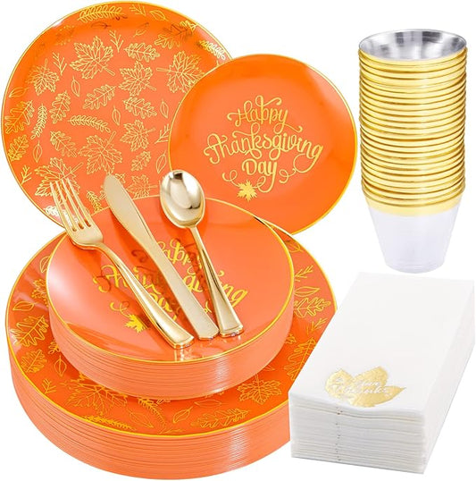 Nervure 175PCS Thanksgiving Plates - Orange and Gold Disposable Plates Include 25Dinner Plate, 25Dessert Plate, 25Cups, 25Knives, 25Forks, 25Spoons, 25 Fall Napkins for Thanksgiving Day