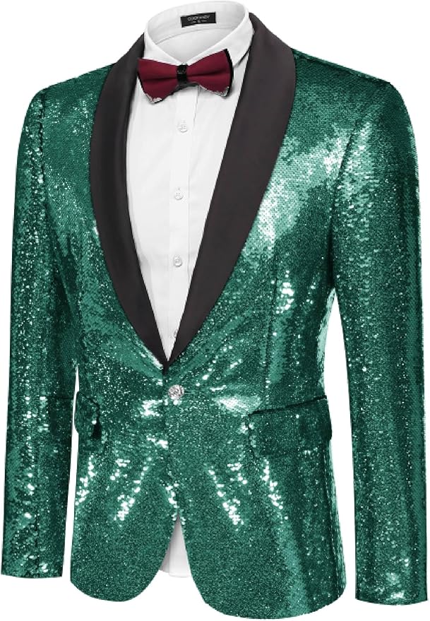 COOFANDY Mens Shiny Sequin Blazer Tuxedo Party Dinner Prom One Button Suit Jacket