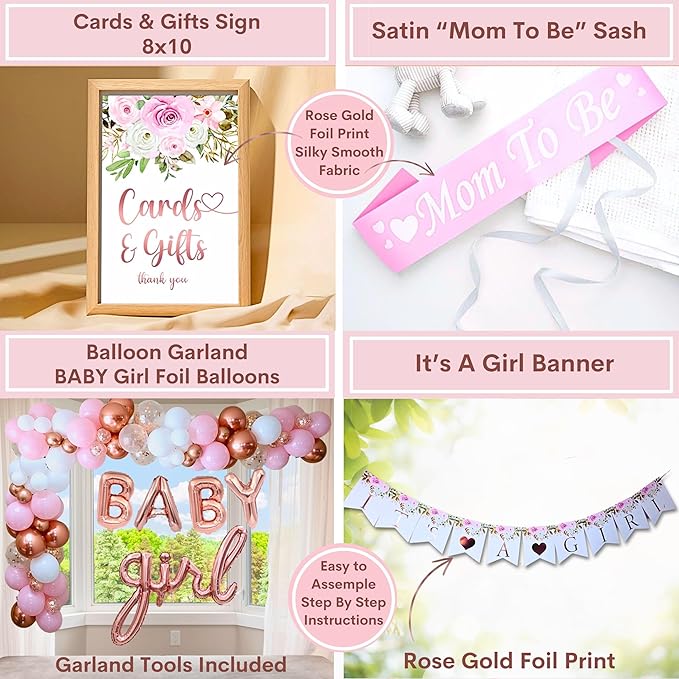 MEGA 254 Pc Floral Baby Shower Decorations For Girl | Pink Balloons Garland Kit, BABY boxes, It's A Girl Backdrop, Banners, Cake Toppers, Tablecloth, Plates, Napkins, Straws, Cups, Utensils 20 Guests