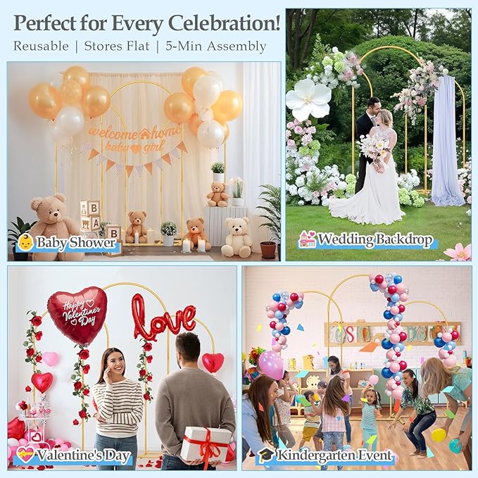 Balloon Arch Stand, 6FT,5FT,4FT Set of 3 Metal Gold Wedding Backdrop Arch Stand Kit with Base for Wedding Baby Shower Birthday Party Event Background Decoration Garden Floral Decor