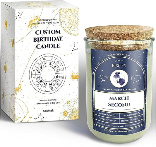 Birthday Candles - Custom Birthdate Astrological Zodiac Scented Candles. Astrology Gifts. All Natural Soy Wax. 75+ Hour Burn Time. Made in USA - March 2