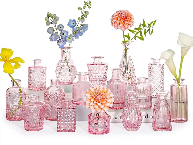 Glass Bud Vase Set of 16, Small Pink Flower Vases for Table Centerpieces in Bulk, Cute Mini Vintage Vase for Wedding, Home Decor, Table Decoration