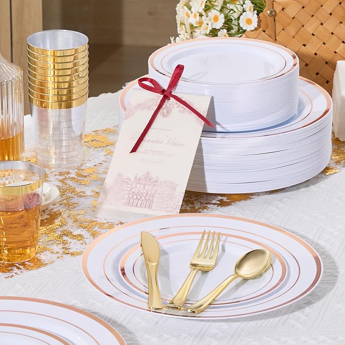 175 Pcs Rose Gold Disposable Plates for 25 Guests, Disposable Plastic Plates, Dinnerware Set Include 25 Dinner Plates, 25 Salad Plates,25 Cups, 25 Paper Napkins for Party, Wedding