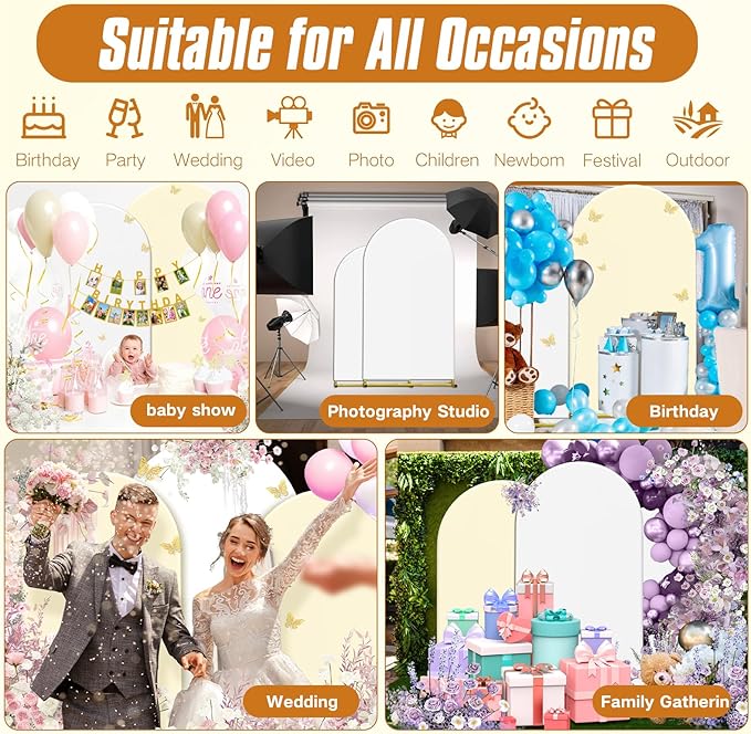 Wedding Arch Backdrop Stand and Covers Set of 2 (7.2FT & 6FT),Double-Color Spandex Fitted Arch Covers Balloon Arch Stand for Wedding/Baby/Shower/Birthday/Party Decor/Indoor Outdoor Use (White+Cream)