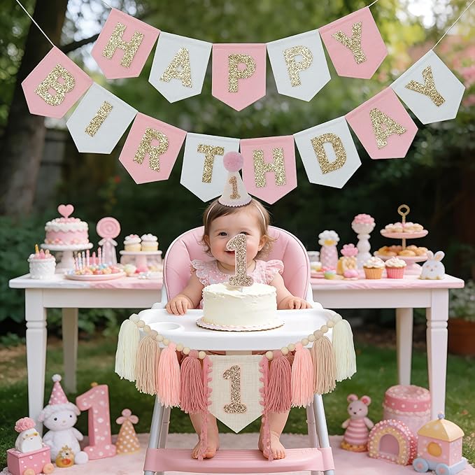 Pink Felt Happy Birthday High Chair Banner Pre-Strung Birthday Hanging Decoration For Baby Girl 1st Birthday Party Decorations