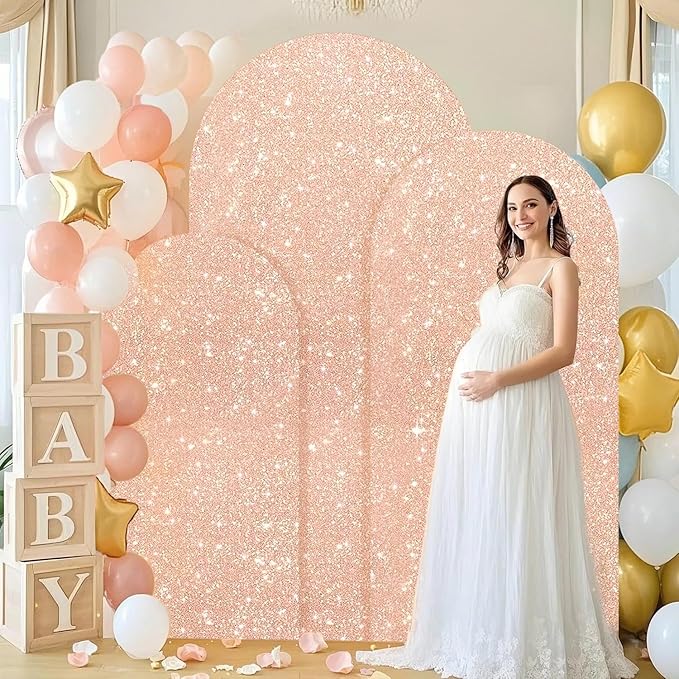 FUHSY Set of 3 Arch Backdrop Cover 7.2FT/6.6FT/6FT Rose Gold Spandex Sequin Arch Covers Stretchy Backdrop Glitter Wedding Arch Stand Cover for Birthday Party Banquet Graduation Ceremony Decoration