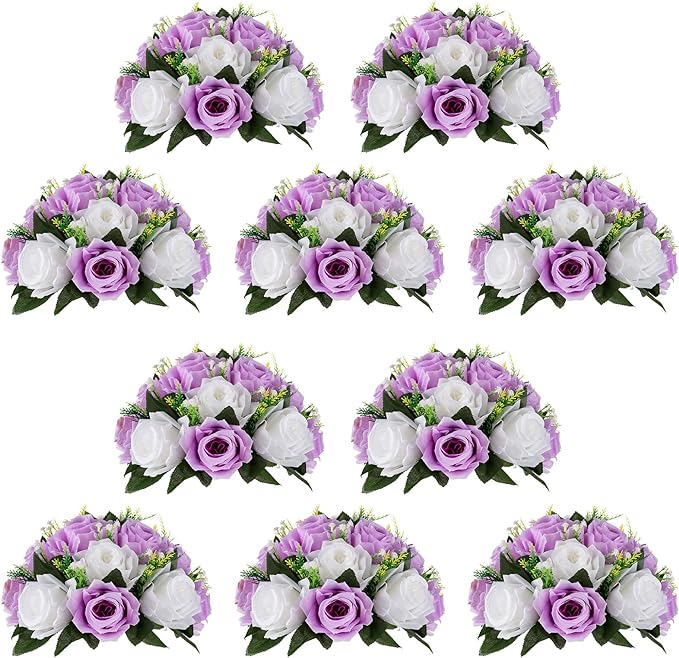 NUPTIO Flower Wedding Centrepieces for Tables - 10 Pcs 9.5in Diameter Lilac & White Artificial Flowers Rose Ball for Centerpieces Table - Fake Rose Arrangements for Weddings Birthday Party Decor