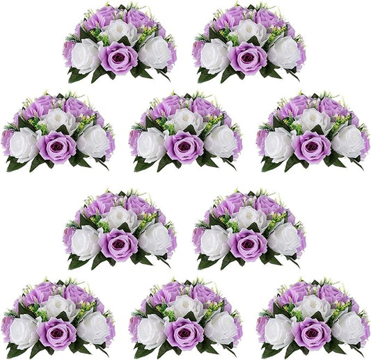 NUPTIO Flower Wedding Centrepieces for Tables - 10 Pcs 9.5in Diameter Lilac & White Artificial Flowers Rose Ball for Centerpieces Table - Fake Rose Arrangements for Weddings Birthday Party Decor