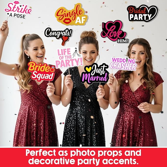 24 Pcs Wedding Photo Booth Props Single Sided 11.8" Funny Photo Booth Props Wedding Marriage Parties Decorations DIY Waterproof Selfie Signs PVC Printing for Reception Bridal Party Supplies
