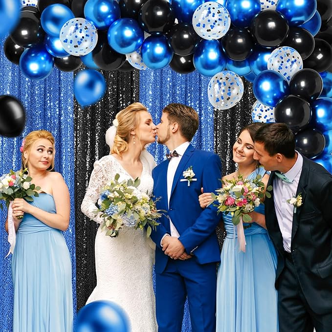 137 Pcs Blue Black Party Backdrop Kits - 4 Sequin Curtains Backdrop 133 Balloon Arch Kit, Glitter Photo Background for Birthday Christmas New Year Eve Wedding Anniversary Baby Shower