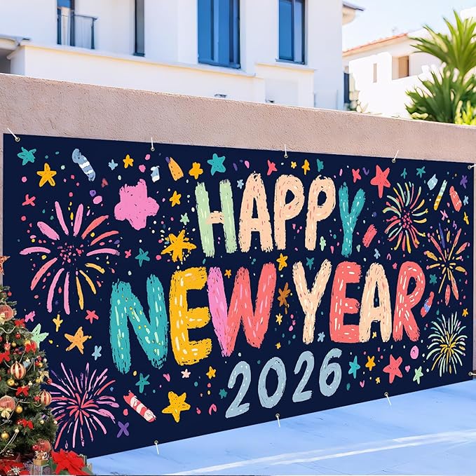 Happy New Year 2026 Garage Door Banner 7x16FT, Colorful Fireworks Garage Door Cover, Large Outdoor New Year Decoration Backdrop for Garage Doors, Fence, Yard, Holiday Party