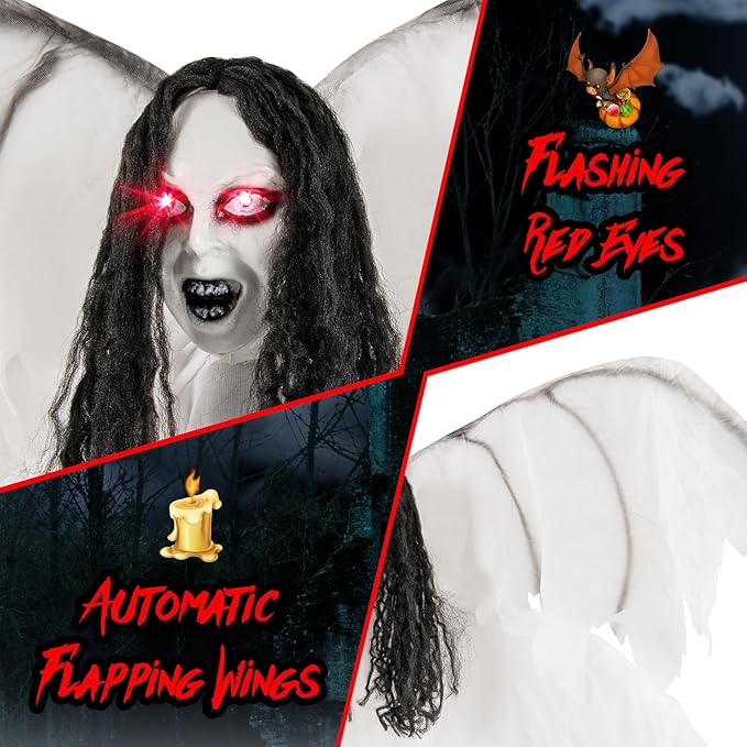 BECOMFORT 6.6 FT Halloween Animatronics, Sound-Activated Standing Angel with Flapping Wings, Glowing Eyes, Creepy Sounds & Posable Arms, Animated Halloween Props Decoration for Indoor & Outdoor