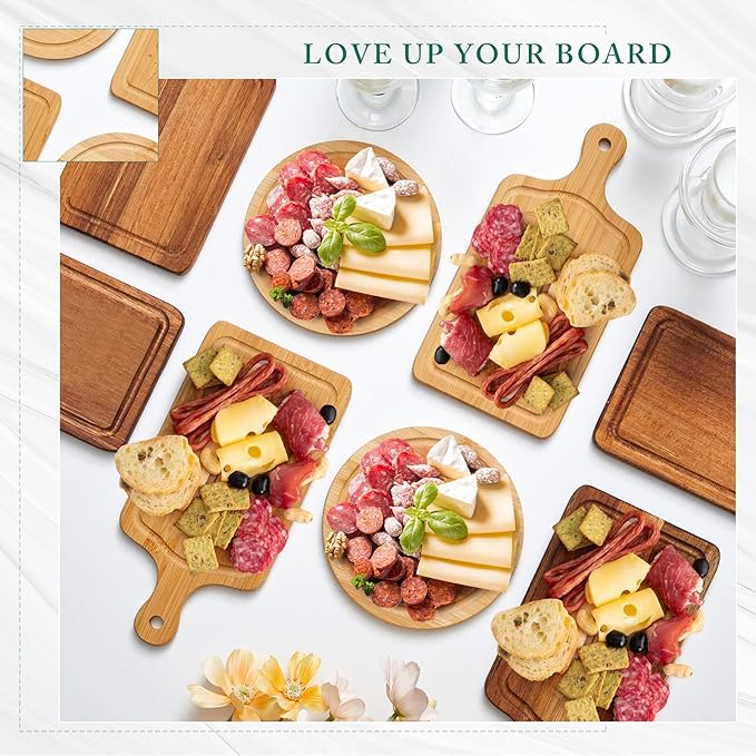 12 Set Bridal Baby Shower Cheese Prizes Wooden Square Board Gift Set Knives Forks Thank You Tags with Box for Guests for Valentines Bridal Baby Shower Housewarming Gifts (Bamboo Color)