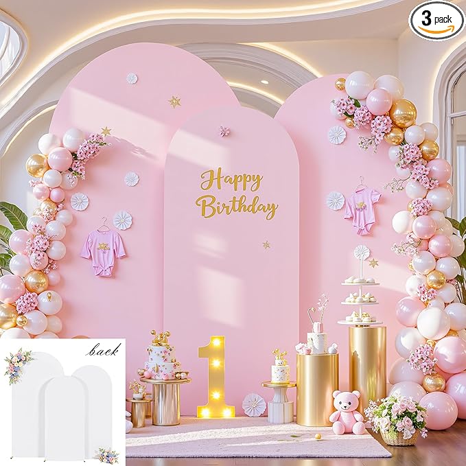 Pink and White Arch Backdrop Cover Set of 3 - Spandex Arch Covers 7.2FT 6.6FT 6FT Stretchy Fabric Backdrop for Wedding Ceremony, Bridal Baby Shower, Birthday Party, Photo Booth Background Decor