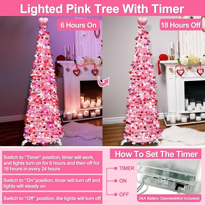 Valentines Day Decorations 5Ft Pink Valentines Christmas Tree with Lights Timer Battery Operated Pop Up Artificial Tree with Heart Ornaments, Heart Topper Decorations for Indoor Home Outdoor Office