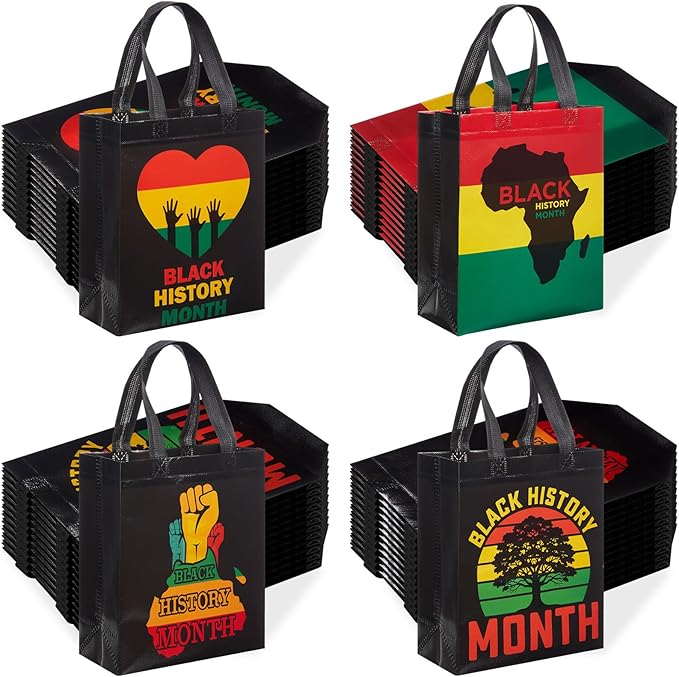 Wesnoy 48 Pcs Black History Month Gift Bags: Reusable Non-Woven Goodie Bags Bulk with Handles - 9.84 x 7.87 Inch Treat Totes for Black History Celebration African BHM MLK Party Decor Supplies