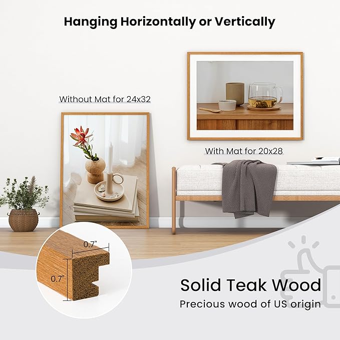 Axeman 24x32 Solid Teak Wood Frame With Mat for 20x28 - Tempered Glass and Hanging Hardware Included Natural Teak Home Decor Art Hanging Frame, Natural Teak
