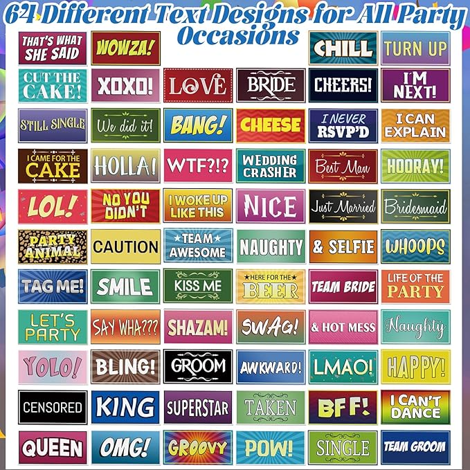 64 Designs Photo Booth Props Double Sided 11x5.5 Inch Holiday Photo Booth Props for Office Friend Christmas All Scene Birthday Party Supplies DIY Waterproof PVC Selfie Signs for Gathering