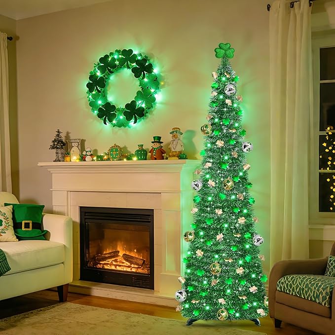 Timer & Shamrock - St Patricks Day Decorations, 5Ft Lighted St Patricks Day tree with 50 LED Green Lights 12 Balls Ornaments Battery Operated Pop Up Tinsel Collapsible Tree for Home Porch Office Party