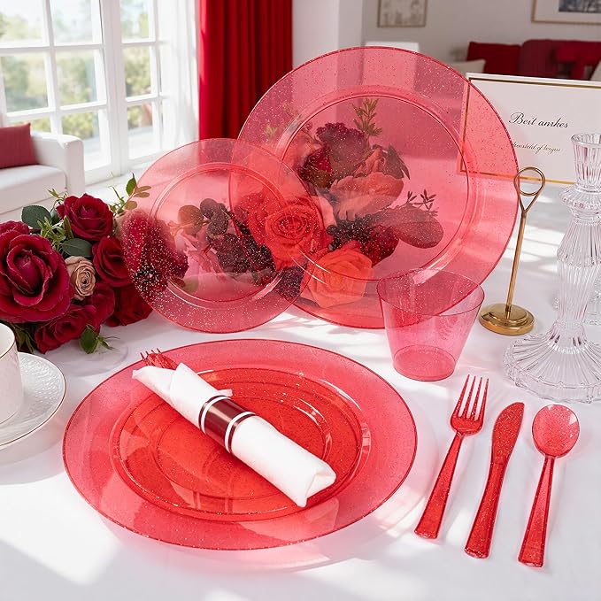 DaYammi 350 Pieces Red Glitter Dinnerware Set 50 Guest for Party- 50 Dinner Plates, 50 Dessert Plates -50 Per Rolled Napkins with Red Cutlery - 50 Disposable Cups 9 OZ