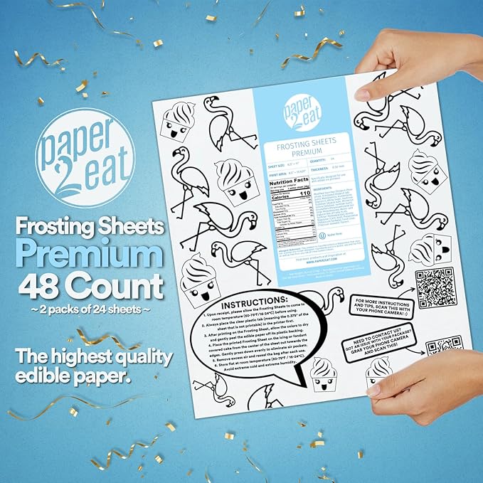 paper2eat Frosting Sheets Premium 8.5" x 11" - 48 Count - White Edible Icing Sheets - Kosher Certified