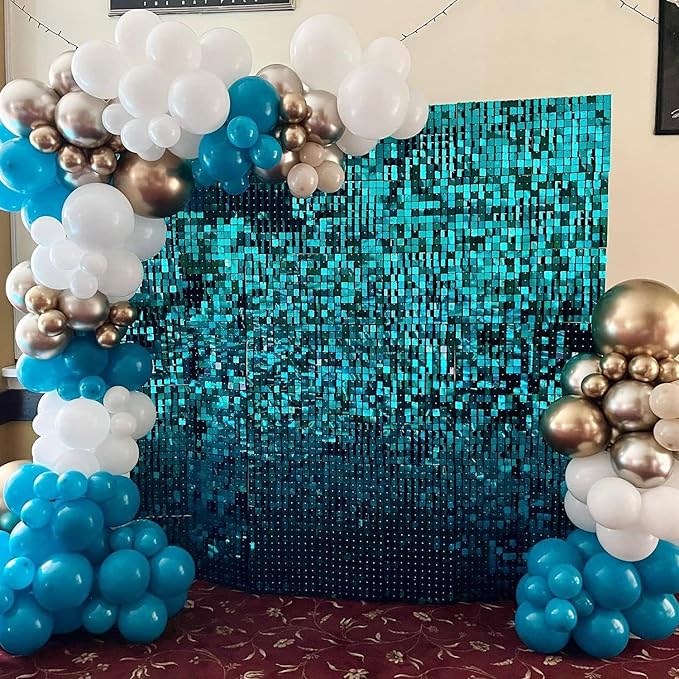 COKAOBE Turquoise Blue Shimmer Wall Backdrop, 24PCS Square Sequin Shimmer Backdrop Panel, Photo Backdrops for Birthday, Anniversary, Wedding, Graduation & Bachelorette Party Decoration