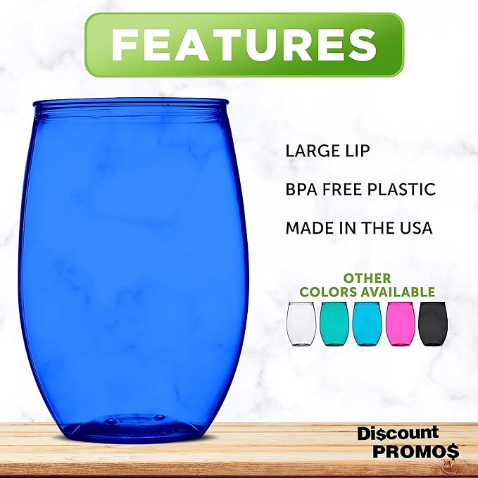 Plastic Stemless Wine Glasses 16 oz. Set of 10, Bulk Pack - BPA Free, Great for Outdoor Lounges, Poolside, Parties and Other Events - Blue