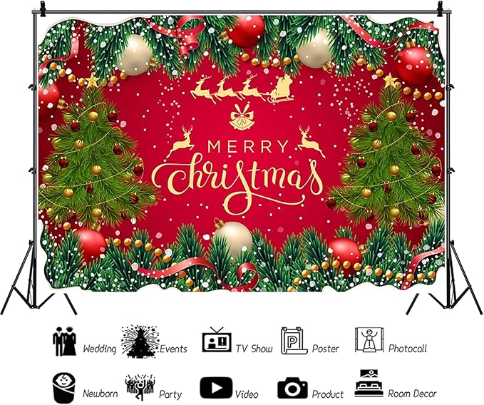 Baocicco 15x10ft Merry Christmas Photography Background Merry Xmas Baubles Ribbon Green Plants Backdrops for Photoshoot Winter Holiday Party Banner Festival Celebration Banner Photo Booth Studio Prop