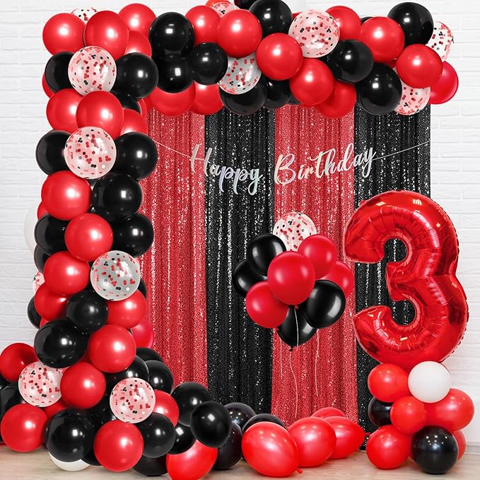 137 Pcs Red Black Party Backdrop Kits, 4 Sequin Backdrop Curtain 133 Balloon Arch Kit Garland Photo Background for Christmas 2026 New Year's Eve Anniversary Birthday Movie Night Decor