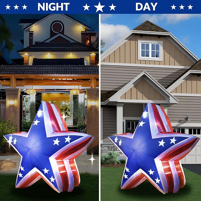Patriotic Inflatable 5.4FT USA Star 4th of July Inflatable Yard Decorations Outdoor Holiday LED Blow up Decor for American Decorations Advertising Business Promotion
