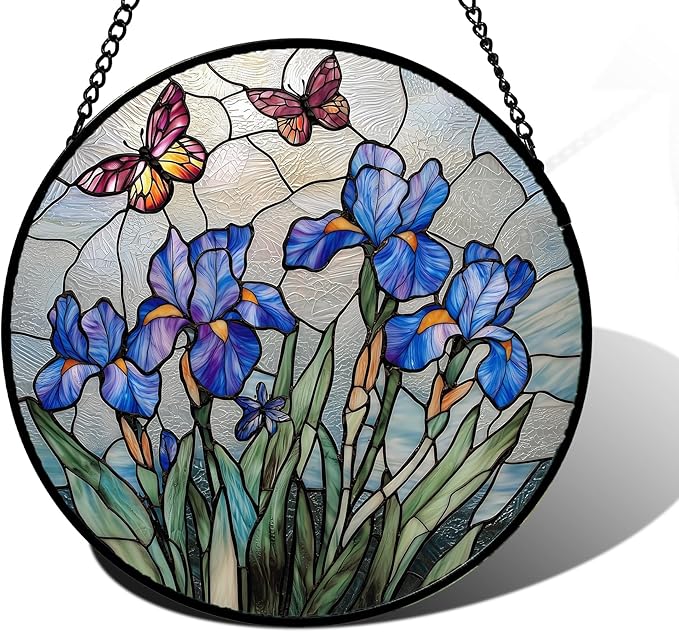 Stained Glass Window Hanging, Blue Iris Flowers Butterfly Suncatcher Diamond Colorful Glass Panel Sun Catchers Decor for Birthday for Women, Men, Wife, Aunt, and Mom 11.8 in