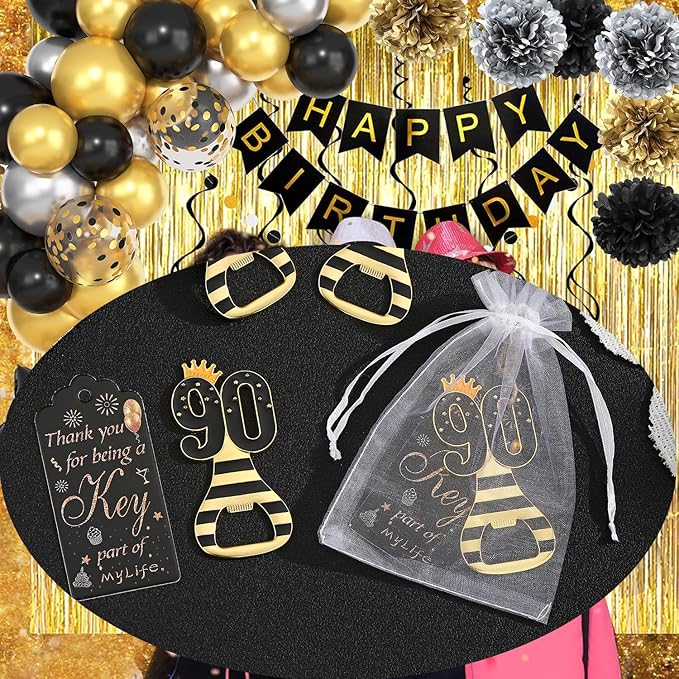 24pcs 90th Gold Keychain Bottle Opener 90th Birthday Party Favors, 90 Keychain Beer Bottle Opener Favors Anniversary Souvenirs Return Gifts for Guests Party Decor Supplies (black 90)