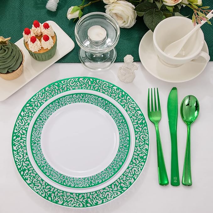 U-QE 150PCS Green St Patricks Day Plates with Plastic Silverware, Green Disposable Plates for 30 Guests Include 30 Dinner Plates, 30 Salad Plates,30 Guests Silverware Perfect for Party