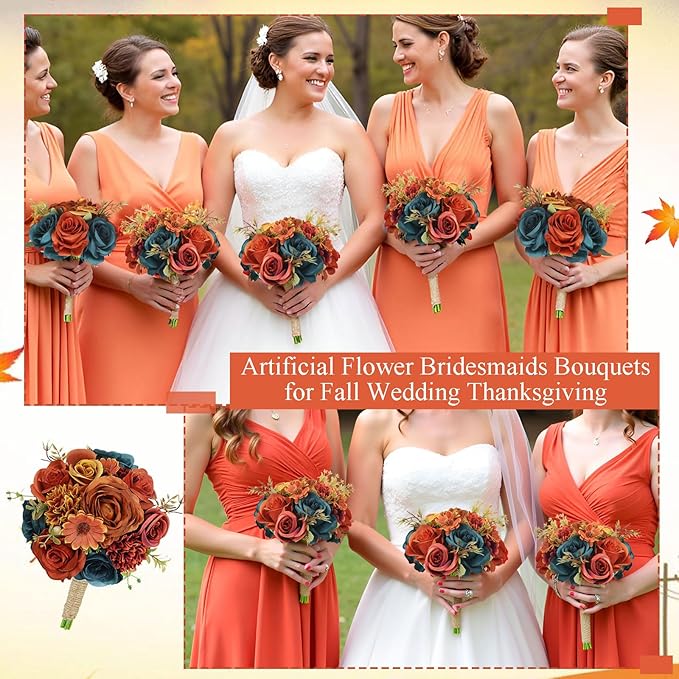 Set of 2 Bridesmaids Bouquets 7 inch Artificial Bridesmaid Bouquet for Wedding Silk Rose Small Floral Bouquet for Vintage Fall Bridal Shower Marriage Proposal Ceremony Decor - Dark Teal & Burnt Orange