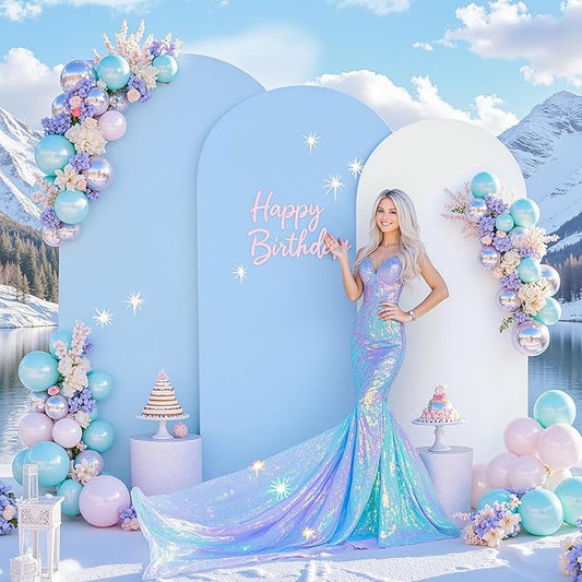 White and Blue Arch Backdrop Cover 8FT 7.2FT 6.6FT Arch Covers Stretchy Backdrop Set of 3, Wedding Arch Cover Spandex Fitted Double-Color Fabric Arch Covers for Party Baby Shower Birthday Decoration