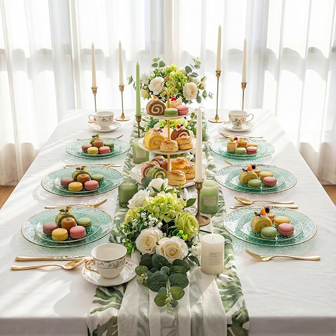 Rubtlamp 175 Pcs Green Plastic Plates Dinnerware Set (25 Guests), Hammered Plates Sets, Green Plastic Party Plates Set include 50 Disposable Plates Set, 75 Gold Plastic Silverware, 25 Cups 25 Napkins