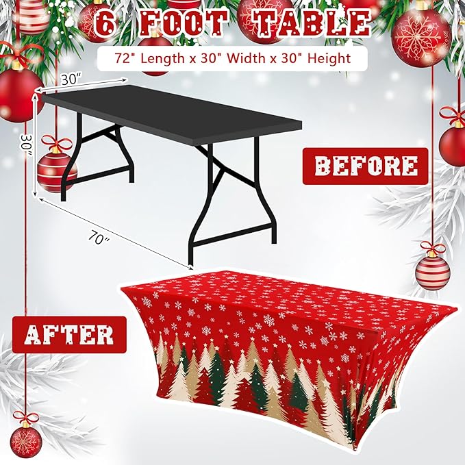 Oudain 2 Pcs Christmas Stretch Table Cover 6 Feet Red Green and Gold Xmas Spandex Table Clothes Christmas Trees Snowflake Party Decorations for Holiday Party Celebration Picnic Dinner Decor