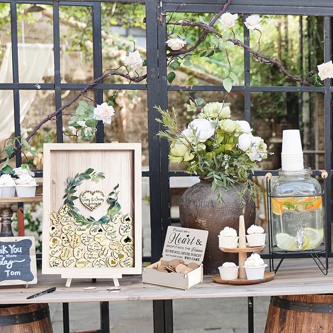 Y&K Homish Wedding Guest Book Alternative, Rustic Wedding Decorations for Reception, Favors for Guests 80 Hearts Green Wreath (Antique White)