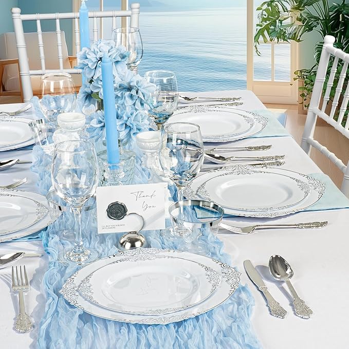 175PCS White and Silver Plastic Plates for 25 Guests, Disposable Dinnerware Sets Include 50 Plastic Plates, 25 Silverwares, 25 Cups, and 25 Pre Rolled Napkins for Party, Graduation