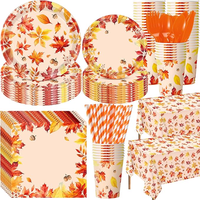 452 Pcs Thanksgiving Fall Party Decorations, Maple Leaves Thanksgiving Paper Plates Napkins Cups Tablecloth Cutlery Straws for Autumn Fall Theme Birthday Holiday Party Supplies, Serves 50