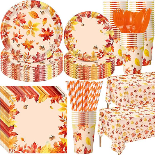 452 Pcs Thanksgiving Fall Party Decorations, Maple Leaves Thanksgiving Paper Plates Napkins Cups Tablecloth Cutlery Straws for Autumn Fall Theme Birthday Holiday Party Supplies, Serves 50