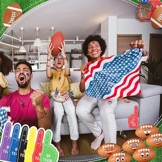 Maxdot 194 Pcs Football Party Favors 24 Set Football Goodie Foam Finger Mini Face StressBall Keychain Bracelet Wristband Whistle Sticker for Kids Birthday Party Supplies Gift