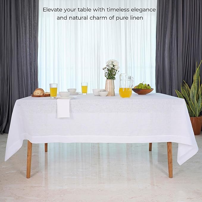 D'Moksha Homes White Linen Tablecloth 60 x 120 Inch - 100% Pure Linen Tablecloth for Rectangle Tables - Machine Washable Table Cloth for Valentines, Spring, Easter
